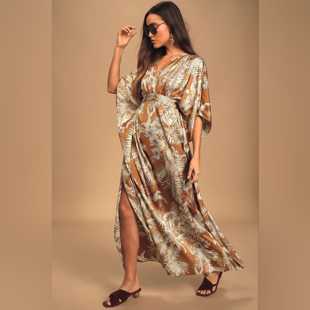 NWT Lulus Take A Holiday Tan Tropical Print Maxi Dress - Picture 4 of 4